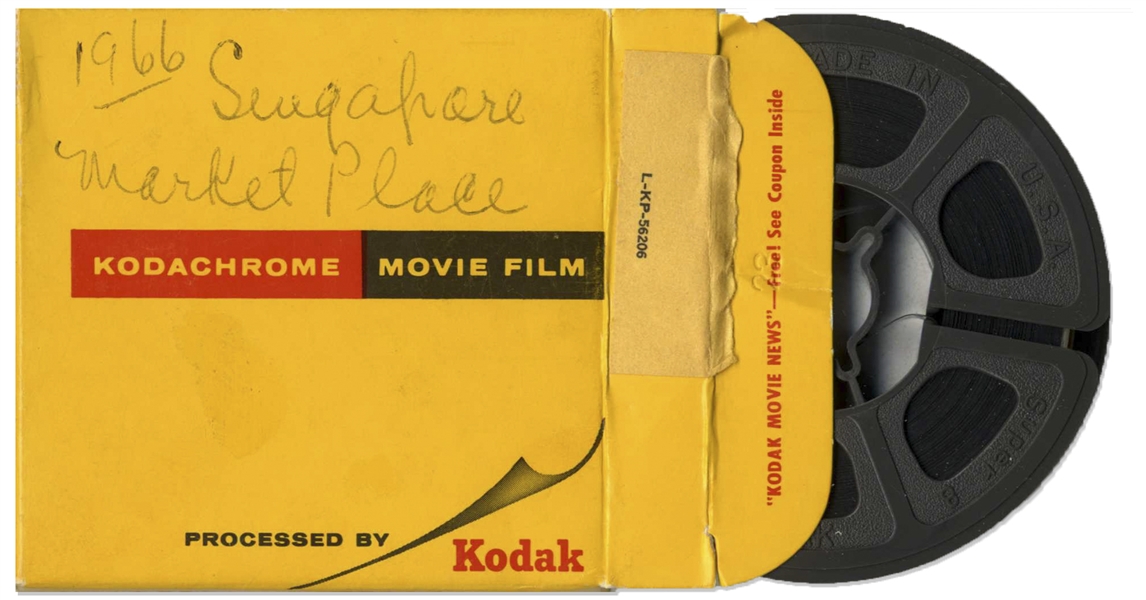 Moe Howard's Kodachrome Super 8 Home Movie Film Reel -- Labeled ''Singapore Market Place'', With Postmark From May 1966 -- Run-Time Approx. 3:30 Minutes, Clip of Film Online at NateDSanders.com